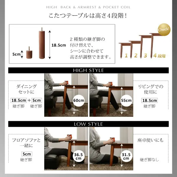 高さ調節可能 肘付ハイバックこたつソファダイニング ARNOLD アーノルド