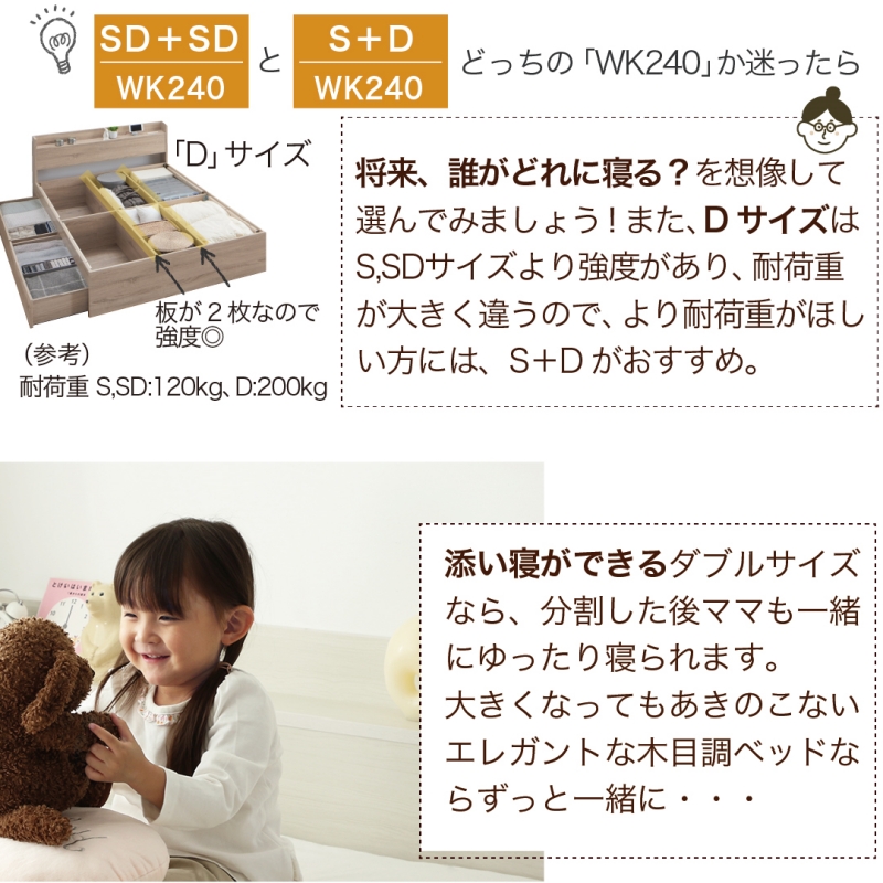 棚コンセント付き 引き出し収納 天然木調連結ファミリーベッド Ever X family エヴァー エックス ファミリー - 画像 (9)
